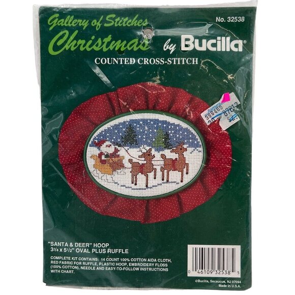 Bucilla Christmas Counted Cross Stitch Kit "Santa & Deer" Hoop 3.75" X 5.5" Oval - Picture 1 of 6
